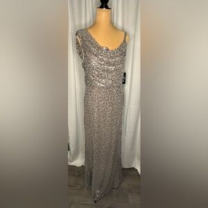 Alex Evenings Silver Cowl Neck Cocktail Gown